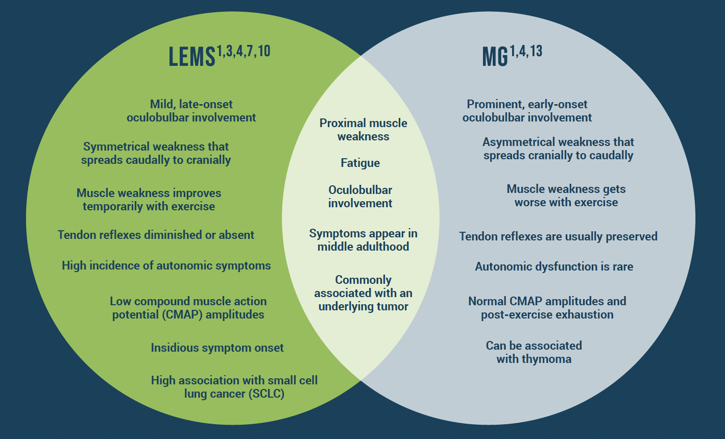 LEMS vs Myasthenia Gravis (MG) symptoms Venn diagram - overlapping symptoms are proximal muscle weakness, fatigue, oculobulbar involvement, symptoms appear in middle adulthood, and commonly associated with an underlying tumor.